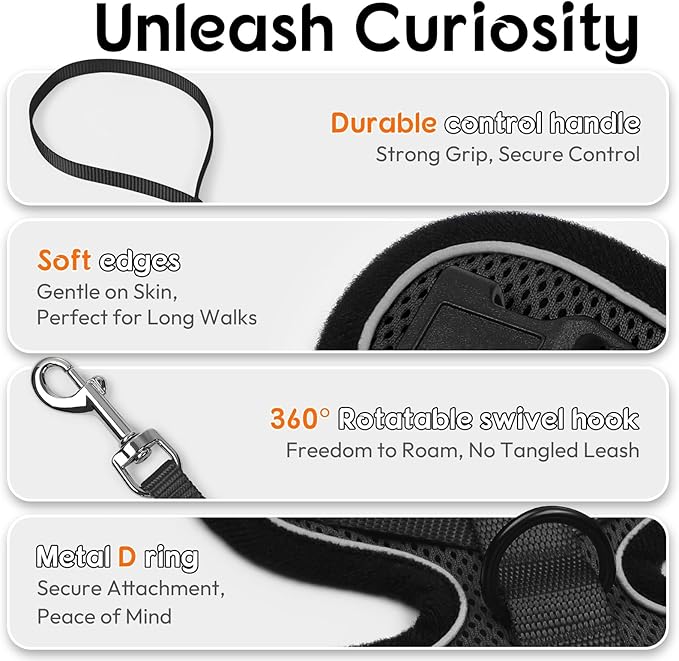 Dooradar Cat Harness and Leash Set, Escape Proof Safe Adjustable Kitten Vest Harnesses for Walking, Easy Control Soft Breathable Mesh Jacket with Reflective Strips for Cats, Black, XS
