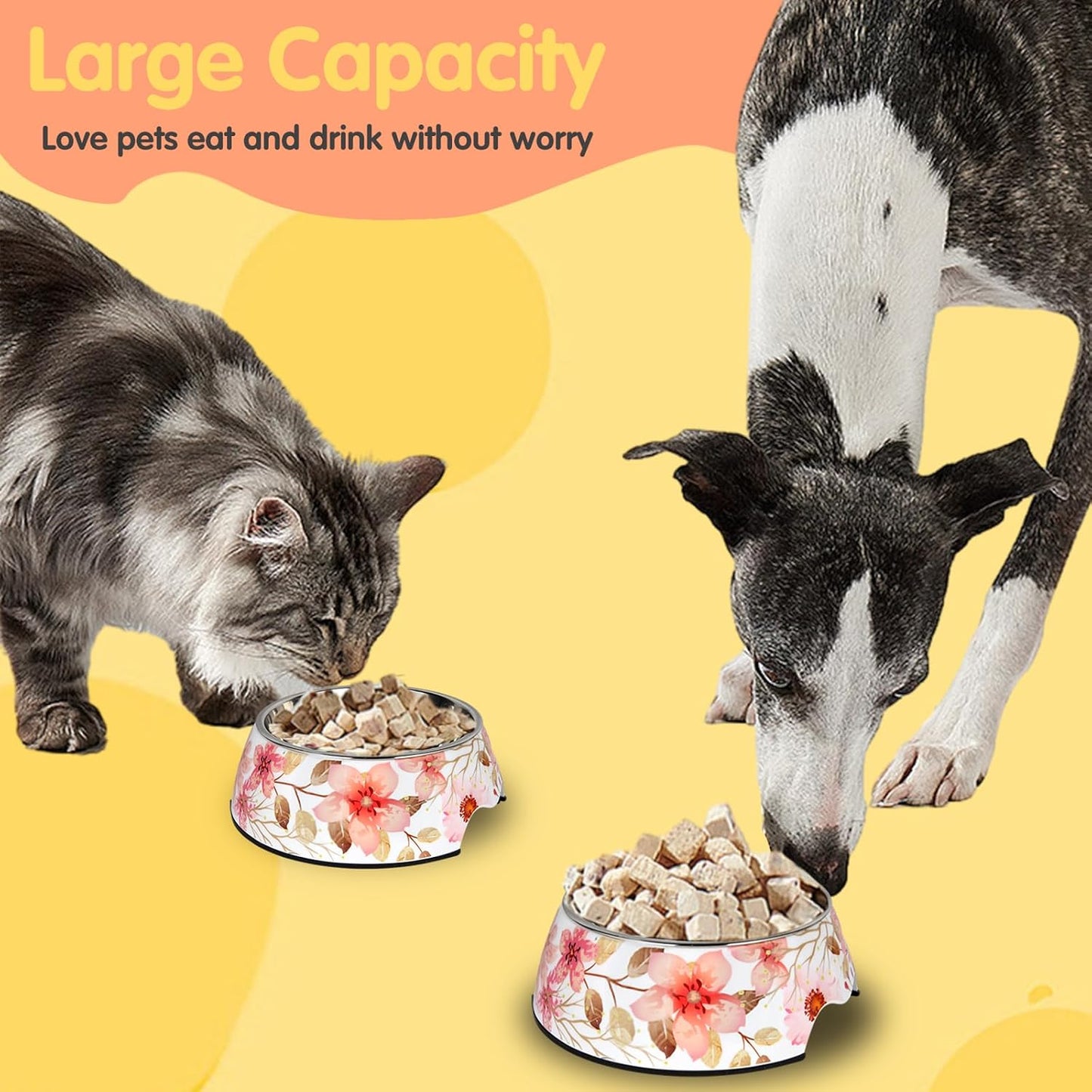 Pet Cats Dogs 2 in 1 Food Water Bowls - Non Slip Skid Proof Heavy Duty Pet Cats Dog Food Water Bowls for Feeding Drinking Small Medium Large Dogs Cats Puppies (Pink Flower, M:14 OZ)