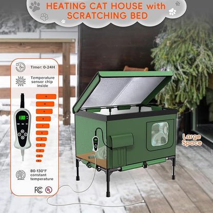 4-in-1 Heated Cat House for Outside with Heating Pad, Scratching Bed and Elevated Bed, Waterproof Windproof TPU Rain Cover, Large Cat Winter House Outdoor