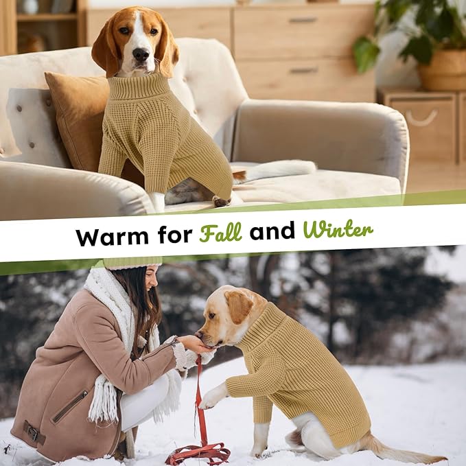 Queenmore Large Dog Sweater, Long Sleeve Knitted Dog Sweater with Check Pattern, Fall Winter Warm Pet Sweaters, Solid Pull-on Pet Sweater for Cats, Brown L