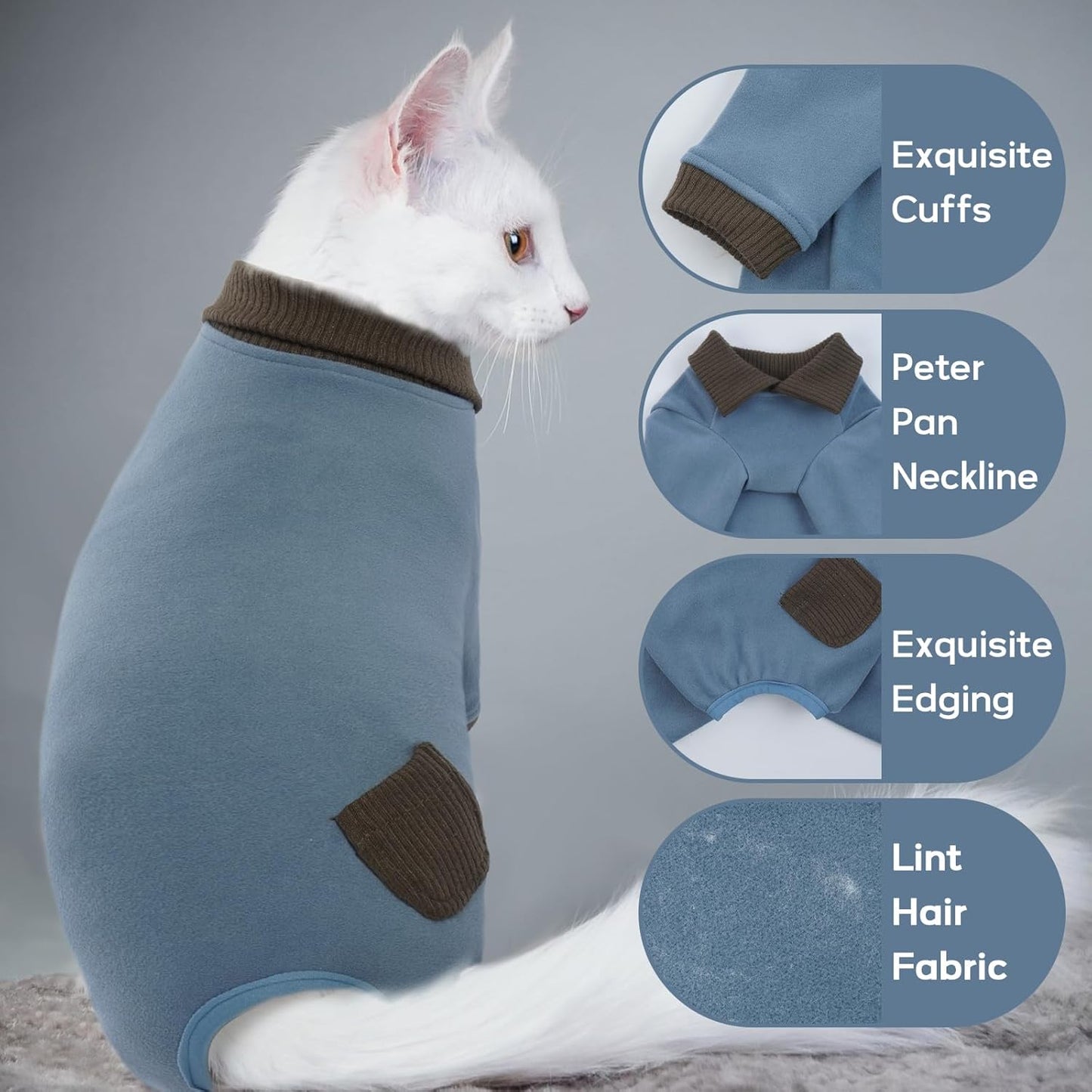 QBLEEV Cat Pajamas for Cats Only, Sticky Hair Cat Clothes, Cat Onesie for Cats After Surgery Female Male, Surgical Cat Recovery Suit Full Bodysuit, Long Sleeve Cat Shirts Outfits to Prevent Licking