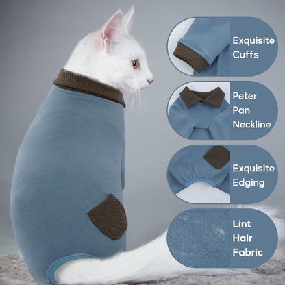 QBLEEV Cat Pajamas for Cats Only, Sticky Hair Cat Clothes, Cat Onesie for Cats After Surgery Female Male, Surgical Cat Recovery Suit Full Bodysuit, Long Sleeve Cat Shirts Outfits to Prevent Licking