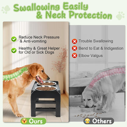 Elevated Bowls with Adjustable Heights - Raised Stand with 2 Stainless Steel Food Bowls, Non-Slip Foldable Feeder for Medium Large Dogs, Adjusts to 12.36", 10.75", 9.2", 3.7", Black