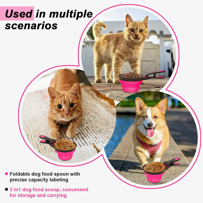 Collapsible Silicone Dog Food Scoop Foldable Pet Food Measuring Cup with Bag Clip 3 in 1 Multi-Function Silicone Dog Food Scooper (Rose Red, Medium)