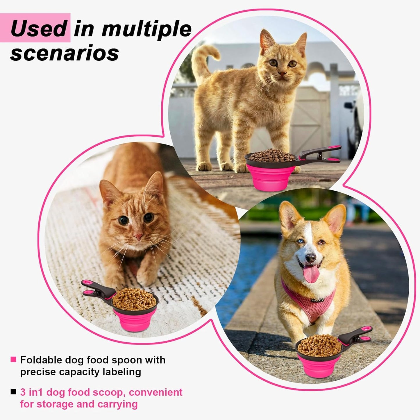 Collapsible Silicone Dog Food Scoop Foldable Pet Food Measuring Cup with Bag Clip 3 in 1 Multi-Function Silicone Dog Food Scooper (Rose Red, Large)