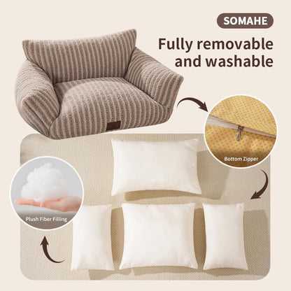 Cozy Couch for Cats Fluffy Pet Sofa with Premium Soft Fleece Fuzzy Cat Beds for Indoor Cat with Removable Washable Cover Supportive Pet Bed 24×18inch Coffee