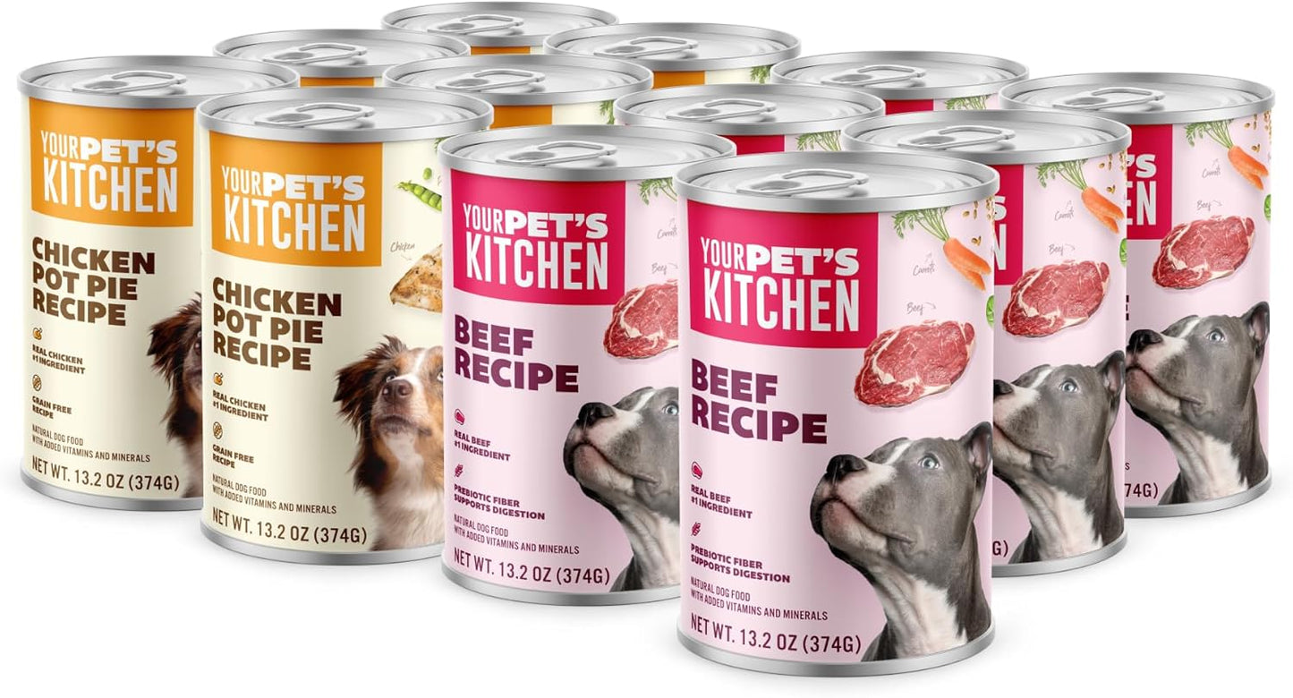 YOUR PET'S KITCHEN Wet Dog Food, Chicken Pot Pie Recipe & Beef Recipe Variety Pack - 13.2 oz Cans (Pack of 12), Made in The USA with Real Chicken