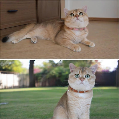 Spiked Cat Collar with Bells, Breakaway Genuine Leather Protective Collar for Kitty, Studs Spikes Punk Style, Heart Pattern, Adjustable for Girl Boy Kittens Small Bunny Rabbit, 10"-12" Pink