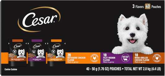 Cesar Filets in Gravy Wet Dog Food Filet Mignon Flavor, Rotisserie Chicken Flavor, and Wood-Grilled Chicken Flavor Variety Pack, 1.76 oz. Mini-Pouches (40 Count, Pack of 1)