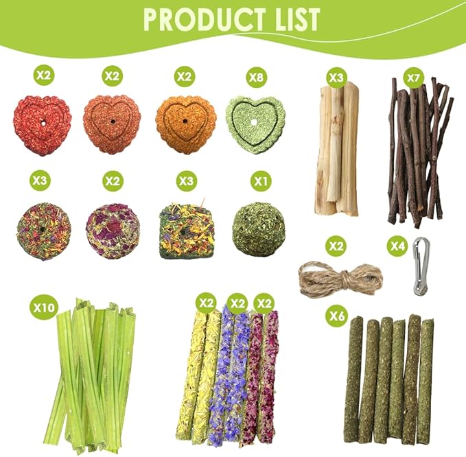 Rabbit Chew Toys,Rabbits Toy for Bunnies Boredom Bunny Toys for Teeth, Timothy Stick, Apple Sticks, Sweet Bamboo, for Guinea Pig, Hamster, Chinchilla, Rat (Red 60pcs DIY Rabbit Toys)