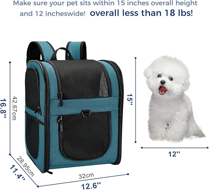 Apollo Walker Dog & Cat Carrier Backpack for 4-18lb Pets - Ventilated Safe Design with Padded Back Support, Breathable Mesh Pet Backpack for Hiking, Travel, Outdoor (Teal)