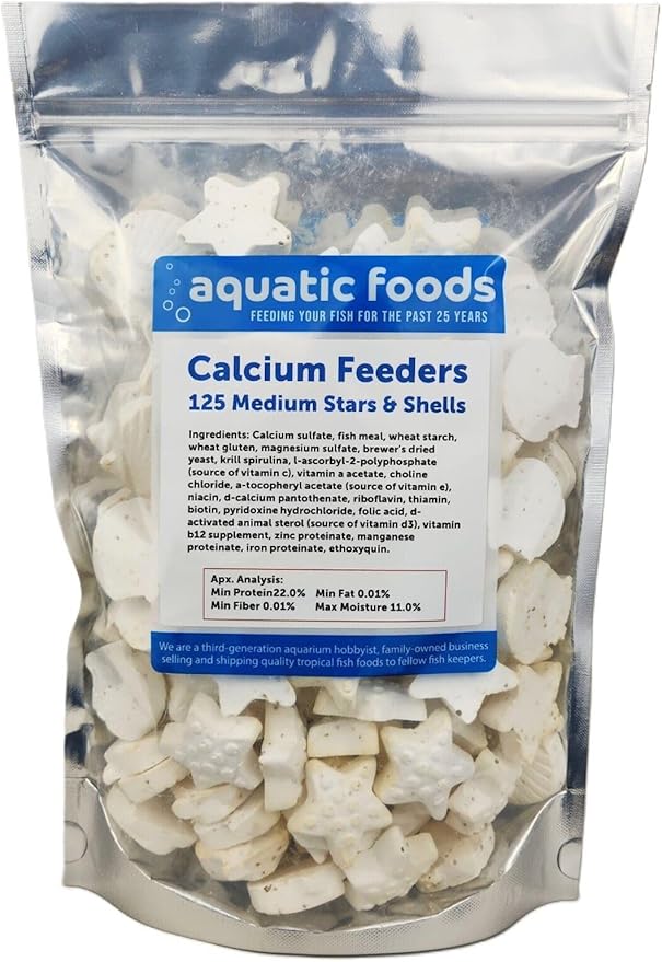 Aquatic Foods Inc. Medium Size Calcium Feeder Stars & Shells for Shrimp, Snails, Crabs, Crayfish, Hermit Crabs and All Tropical Fish…125 Count Bag
