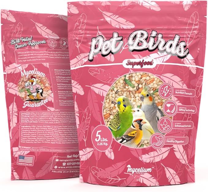 Mycelium Organic Pet Bird Superfood (5 LB Bag) | Vitamin-Enriched Bird Food for Parakeets, Finches, Canaries & Lovebirds | Daily Support for Energy, Digestion & Feather Health | Clean, USA-Grown Feed