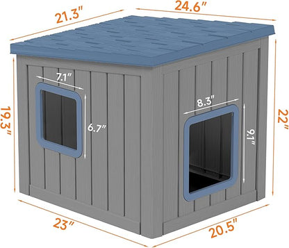 KAMABOKO Outdoor Cat House, Outside Multiple Kitty Feral Cat Houses, Weatherproof Shelter for Ferrel Cats and Dogs, Durable PP Material, Sloping Roof (Gray & Blue)