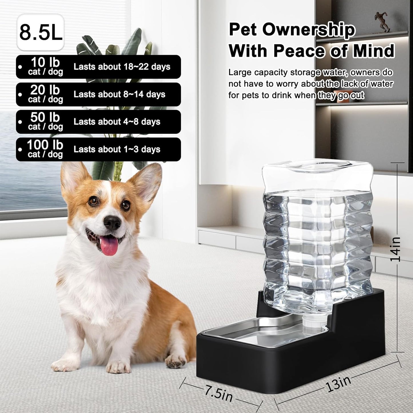 RIZZARI Stainless Steel Pet Water Feeder: 8.5L Black Automatic Leak-Proof Gravity Dispenser for 30-60 LB Dogs with Arthritis - Without Filter - Ideal for Garage Living Room