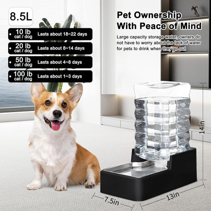 RIZZARI Stainless Steel Pet Water Feeder: 8.5L Black Automatic Leak-Proof Gravity Dispenser for 30-60 LB Dogs with Arthritis - Without Filter - Ideal for Garage Living Room