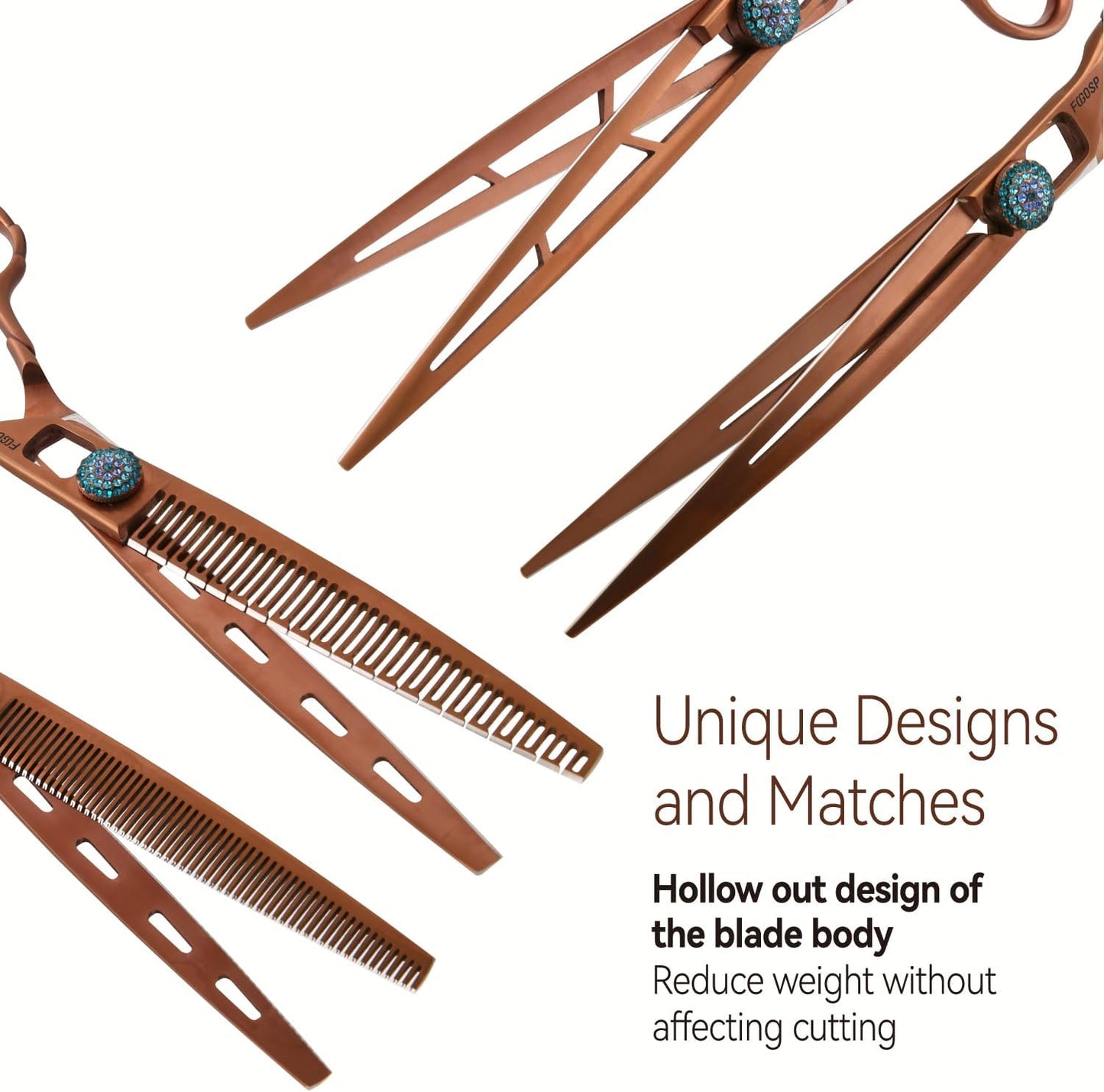 7'' Dog Grooming Scissors Set 4PCS Curved Thinning Straight Chunkers Shears Kit with Hollow Out Design Ergonomic Offset Handle High Cobalt Alloy Steel Sharp and Durable(7, Chocolate Kit)