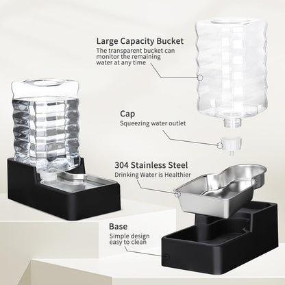 RIZZARI Stainless Steel Pet Water Feeder: 8.5L Black Automatic Leak-Proof Gravity Dispenser for 30-60 LB Dogs with Arthritis - Without Filter - Ideal for Garage Living Room