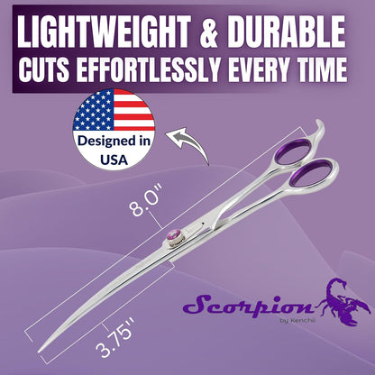 Kenchii Scorpion Dog Grooming Scissors, 8 Inch Curved Shears, Dog Scissors for Grooming, Professional Pet Grooming Scissors, Heavy Duty, Durable and Sharp