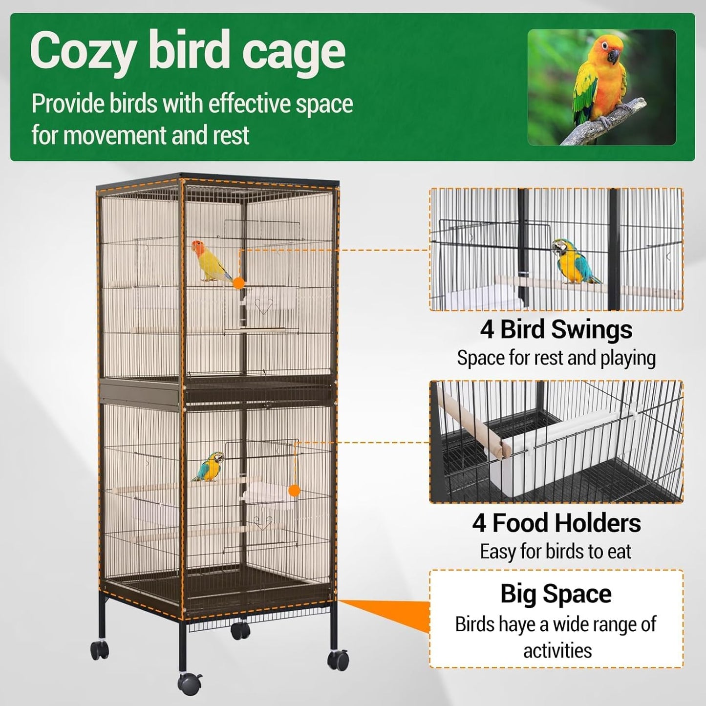 GarveeHome Small Bird Cage with Wheels, 55 Inch Parakeet Cage with Top Stand, 2 in 1 Bird Carrier for Parakeets, Canaries, Lovebirds, Small Quaker, Cockatiels, Budgie, Green Cheek (55in)
