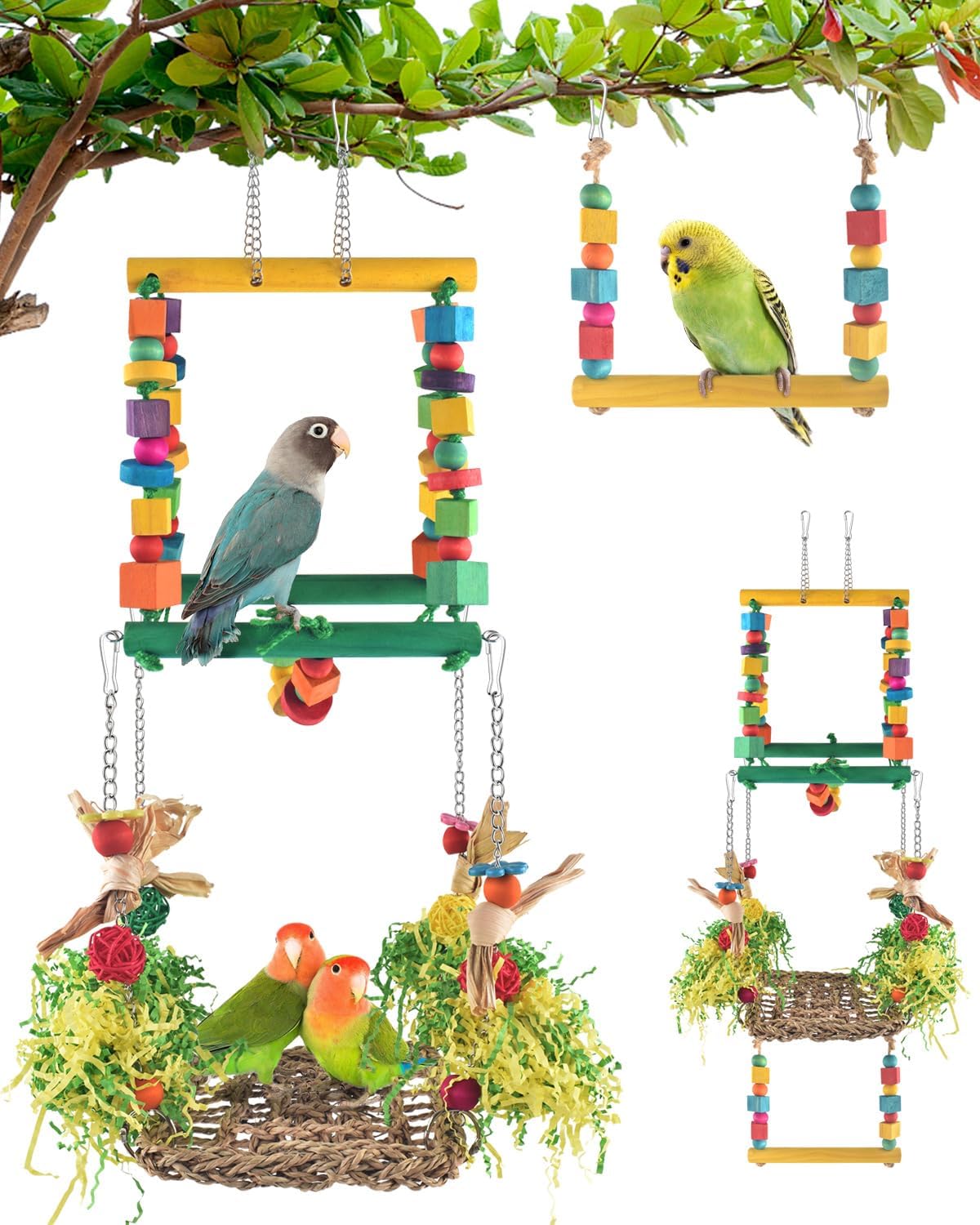 Bird Hammock Toys Parakeet Perches Swing, 3in1 Detachable Parrot Cage Accessories, Wooden Hanging Chew Toys for Small to Large Conure Cockatiel Quaker African Grey