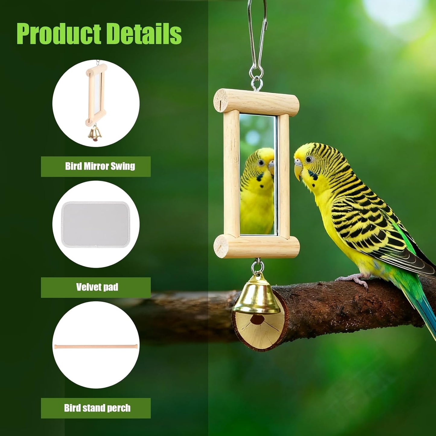 Parrot Travel Cage with Bird Cage Bells Mirror Set,Portable Small Bird Parakeet Bag with Standing Perch and Comfy Mat Bird Carry Transport Bag with Clear Window Vet Visit Shopping