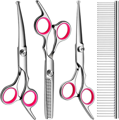 Professional Dog Grooming Scissors Kit, Titanium Coated Dog Scissors for Grooming, Grooming Shears Kit for Dogs Cat At Home (Pink 5 in 1)