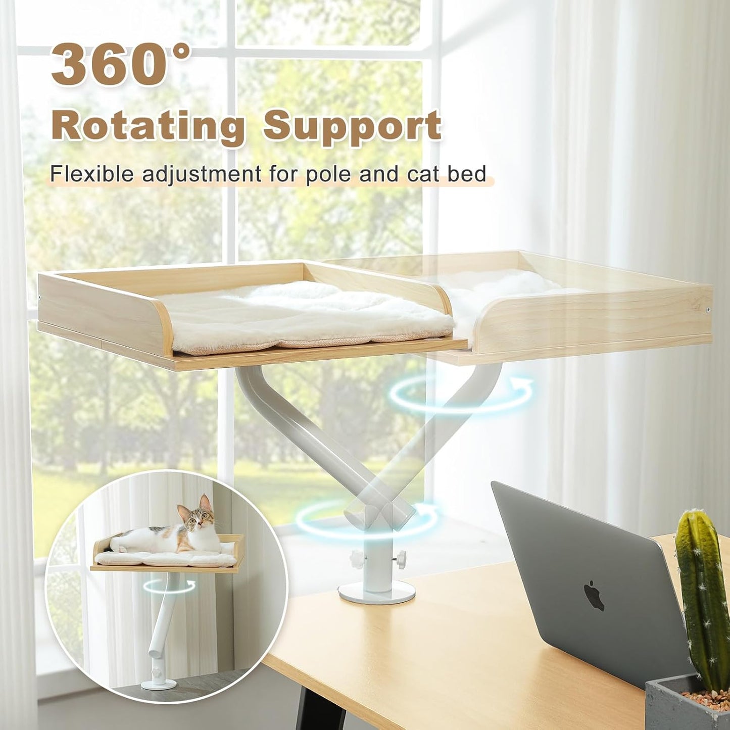 PAWZ Road Cat Desk Bed, Wooden Cat Bed for Desk Supports Up to 50 lbs, 360° Rotation & Adjustable, Nest Desktop Attachment Cats Hammock for Table, Beige