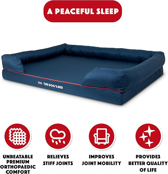 The Dog’s Bed Orthopedic Dog Bed XXL Blue Oxford with Red Trim UK Flag Dog Bed, Memory Foam, Pain Relief: Arthritis, Post Surgery, Lameness, Waterproof Washable Cover