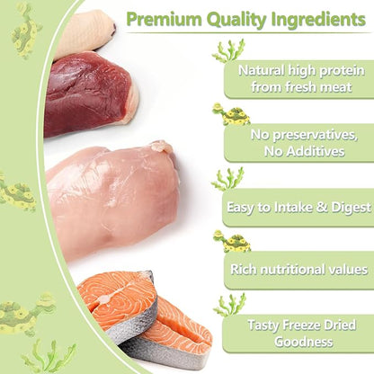 Turtle Food 5.7 OZ Natural Freeze-Dried Meat - Chicken, Duck, Salmon - Premium Food for Turtles, Box Turtle, Aquatic Turtle, Baby Turtles, Freeze Dried Turtle Treats