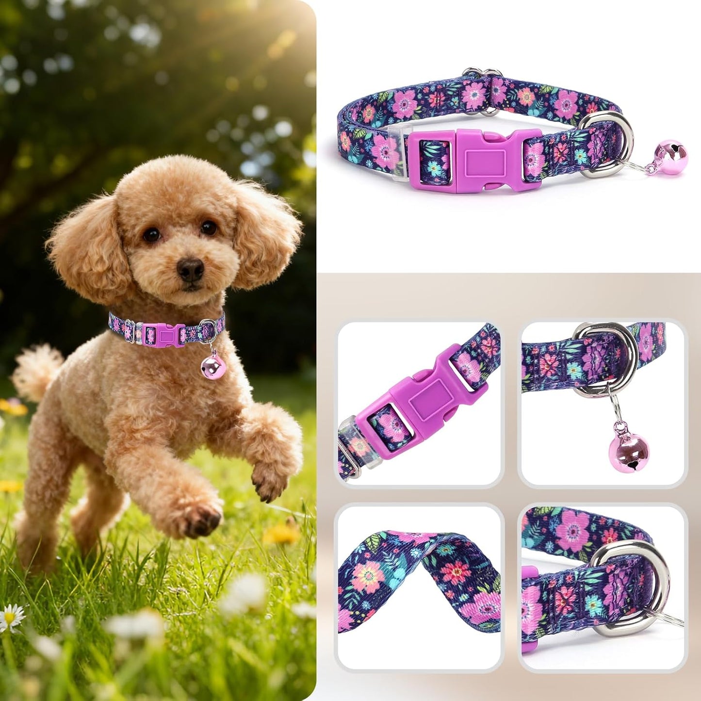 Floral Puppy Collar with Bell - Ultra-Soft Adjustable Kitten-Safe Nylon Collar for Tiny Dogs, Chihuahua, Pomeranian, Kittens, XS Small, Flower Pattern Design
