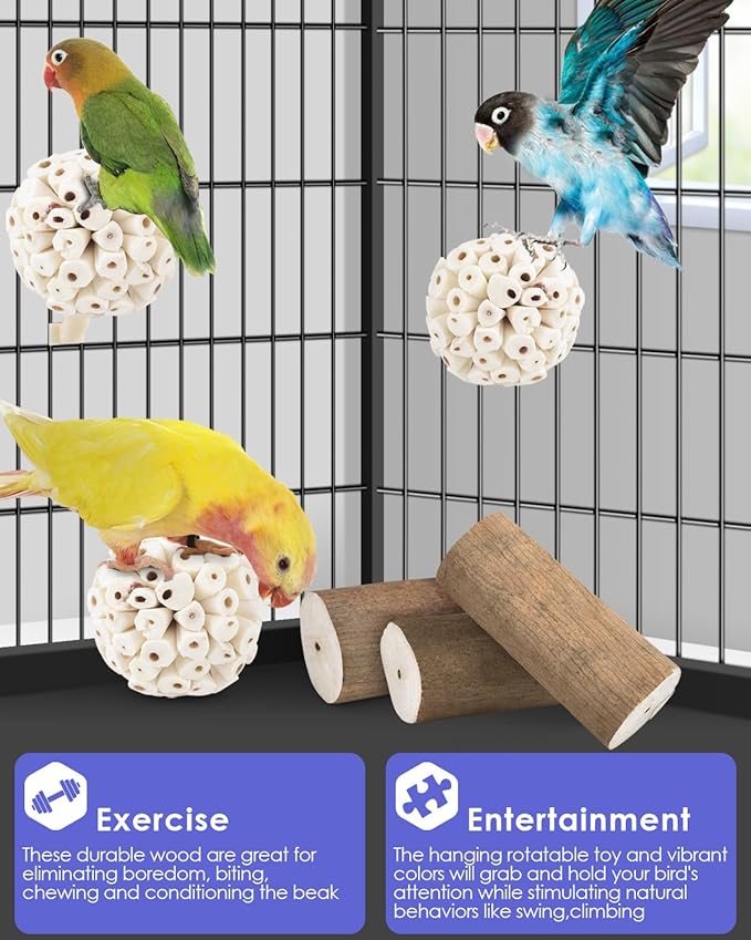 Bissap 7PCS Small Parrot Toys, Natural Sola Balls Bark Sola Sticks Parrot Chew Forage Toy Bird Foot Balls for Cockatiels Conures Cockatoos Parakeets Love Birds Budgie Finch Parrot Cage Bite Toys