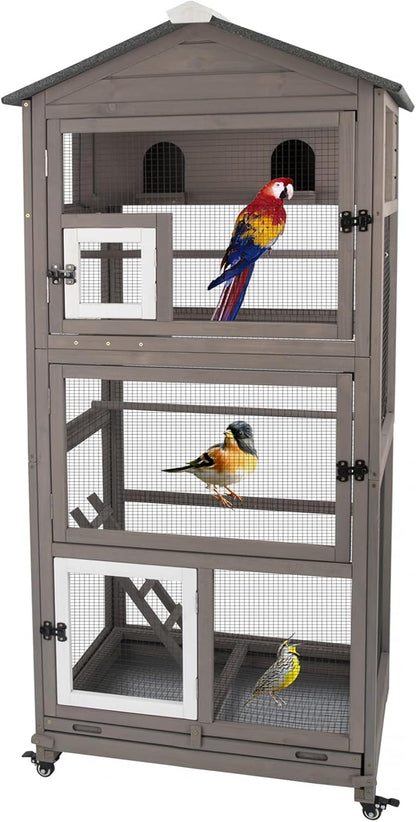 Flight Bird Cage Outdoor Large Wooden Bird Aviary Parrot Cage for Parakeet, Finches and Any Small Birds - Pull Out Wire Netting, Slide-Out Tray, 2 Perches, Nest House, 4 Wheels Include, Grey
