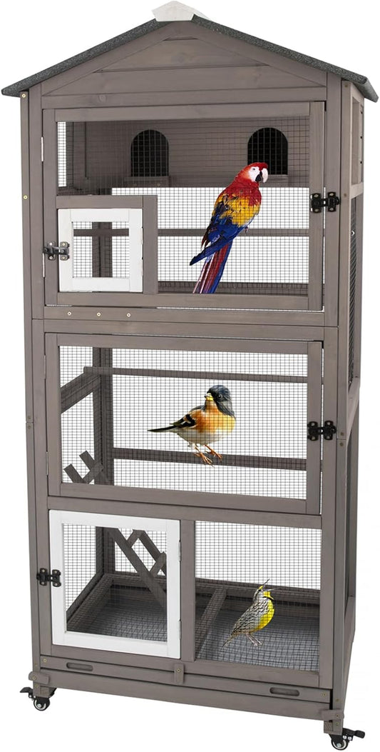 Flight Bird Cage Outdoor Large Wooden Bird Aviary Parrot Cage for Parakeet, Finches and Any Small Birds - Pull Out Wire Netting, Slide-Out Tray, 2 Perches, Nest House, 4 Wheels Include, Grey