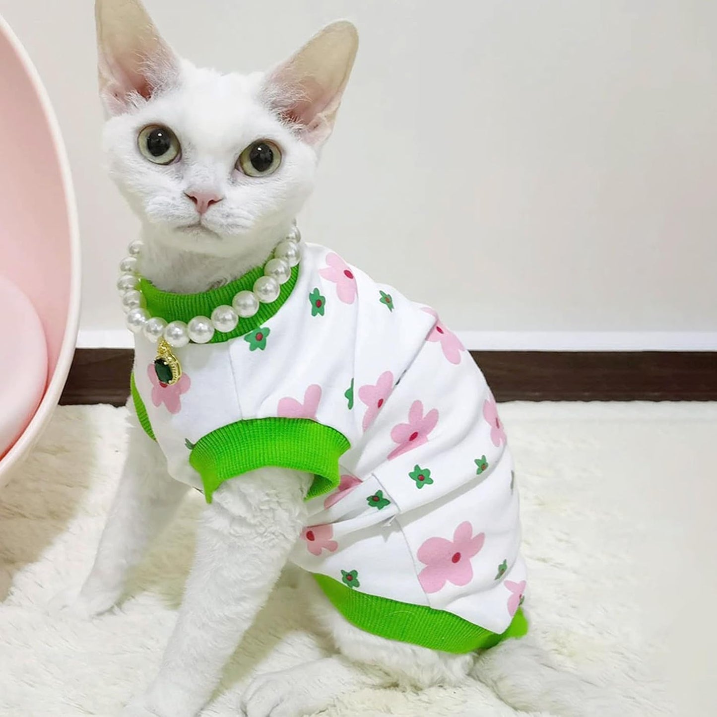 PUMYPOREITY Sphynx Cat Clothes: Stretchy Sweater, Soft Hairless Shirt, Pullover Pajamas, Turtleneck for Sphynx Cornish Rex, Devon Rex - Green, M