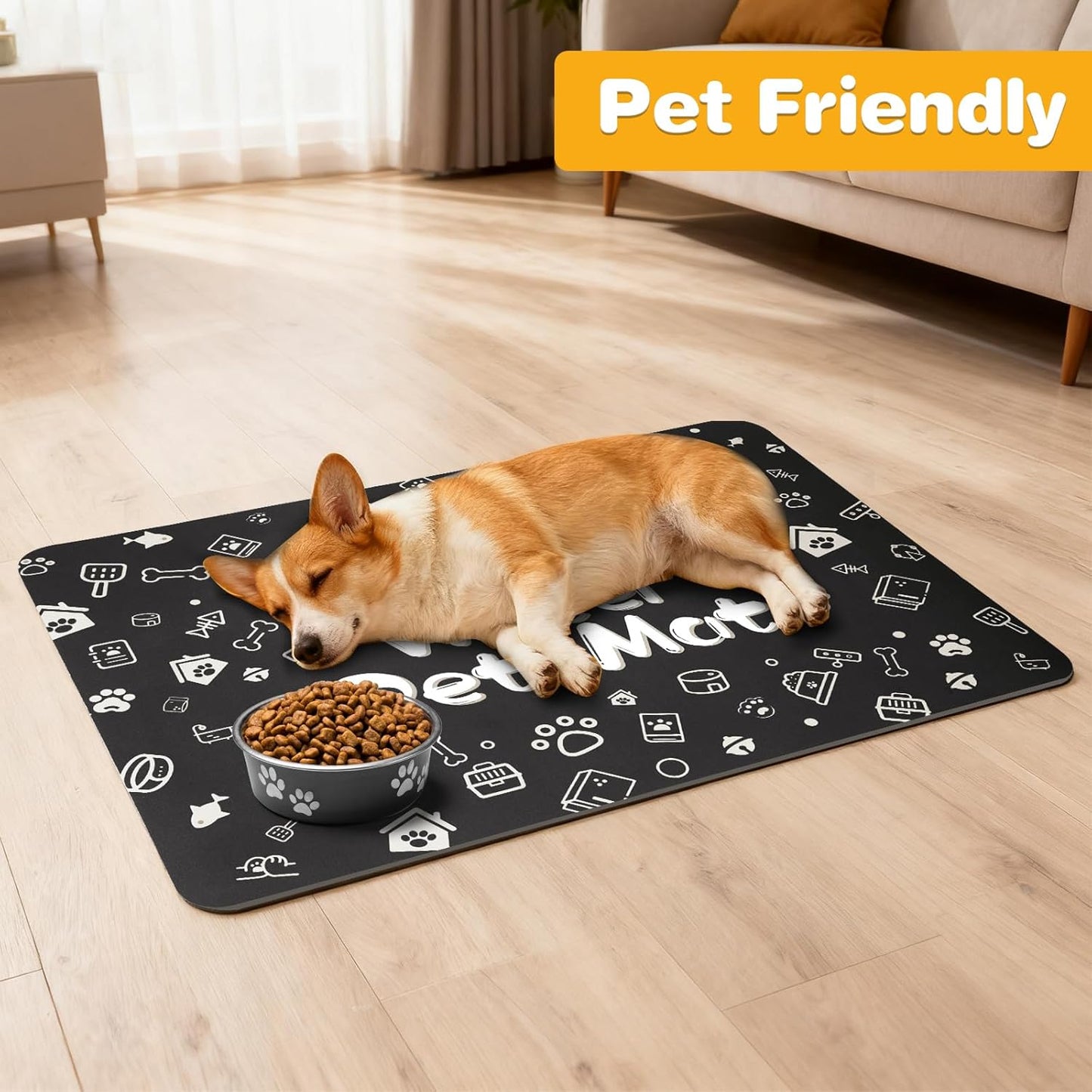 Pet Feeding Mat,Dog Cat Mat for Food and Water,Dog Bowl Waterproof Placemat with Rubber Backing,Absorbent Quick Dry Water Dispenser Mat for Pet（Black 16"×24"）