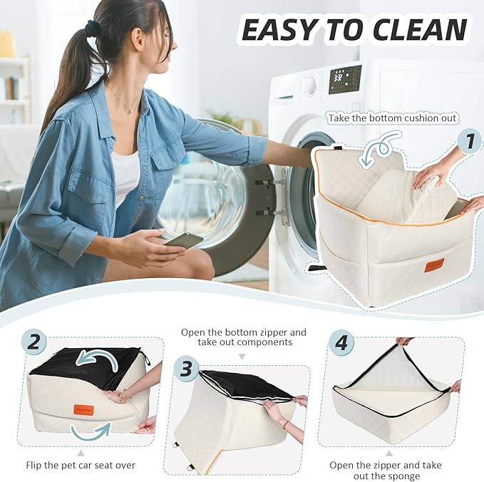 Dog Car Seat for Small Medium Dogs, Memory Foam Dog Booster Seats with Thick Cushion for Dogs Under 35lbs, Detachable Washable Pet Car Seat Travel Bed with Storage Pockets,2 Safety Belt