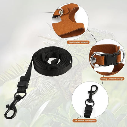 5 Pack Bearded Dragon Harness and Leash Set Bearded Dragon Leash with Retractable, 3 Size Adjustable Soft Leather Harness, Toy Bell Balls for Reptiles Squirrel Lizard Chinchilla