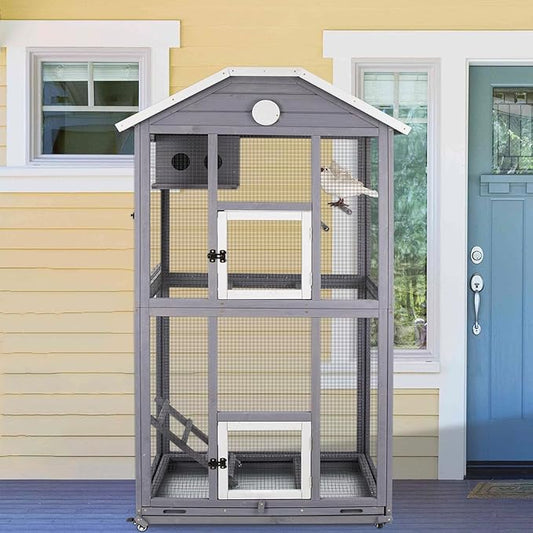 Outdoor Bird Cage Large, Wooden Flight Aviary with Perches, Nest Habitat, and Easy-Clean Pull Out Tray for Parakeets, Macaws, and More