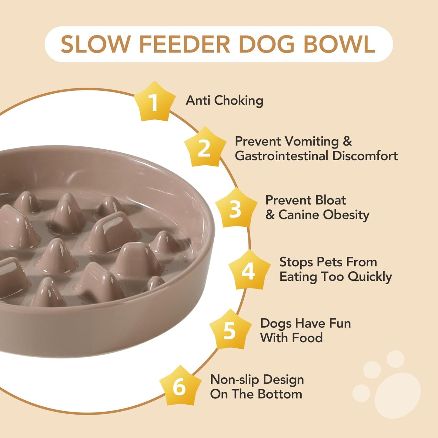 Ceramic 1.6 Cup Dog Raised Slow Feeder Set, Elevated Bowl with Wooden Stand for Medium and Large Dog, 8.2inch Slow Feeder Dish for Fast Easters, Anti-Gulping(Brown Coffee, Single Bowl+ Stand)