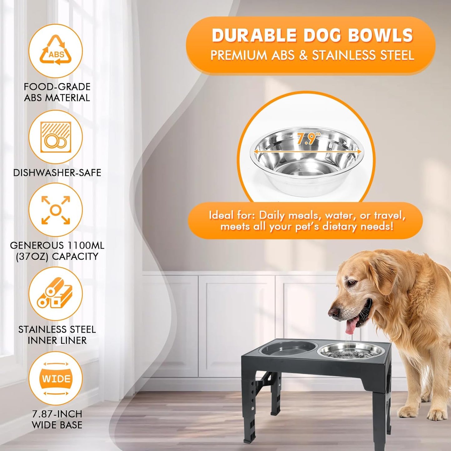 Elevated Dog Bowls 5 Heights Adjustable Raised Dogs Bowl Stand Large/Medium Sized Dog 1L Food Water Bowl Stands 3.1/8.6/9.8/11/12.2in Grey Pet Feeder Dish Station