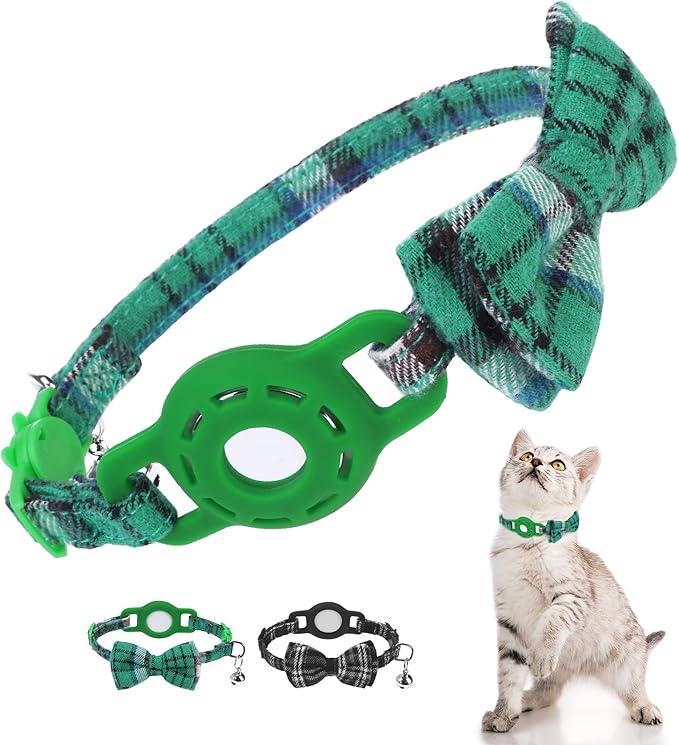 Airtag Cat Collar Breakaway with Bells and Bowtie -Upgraded Safety Kitten Collar for Air Tag Holder -Cute GPS Cat Tracker Collars for Girl Boy Cats, Kitty and Puppies, Green