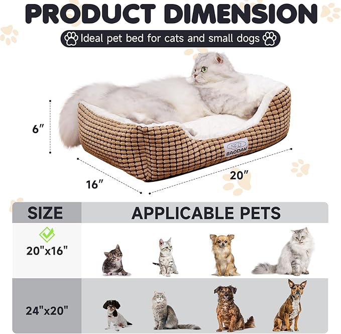 Small Dog Bed for Small Dogs, Cat Beds for Indoor Cats Washable, Rectangle Dog Bed, Warming Soft Calming Sleeping Puppy Bed Durable Pet Bed with Anti-Slip Bottom (20 inch, Coffee)