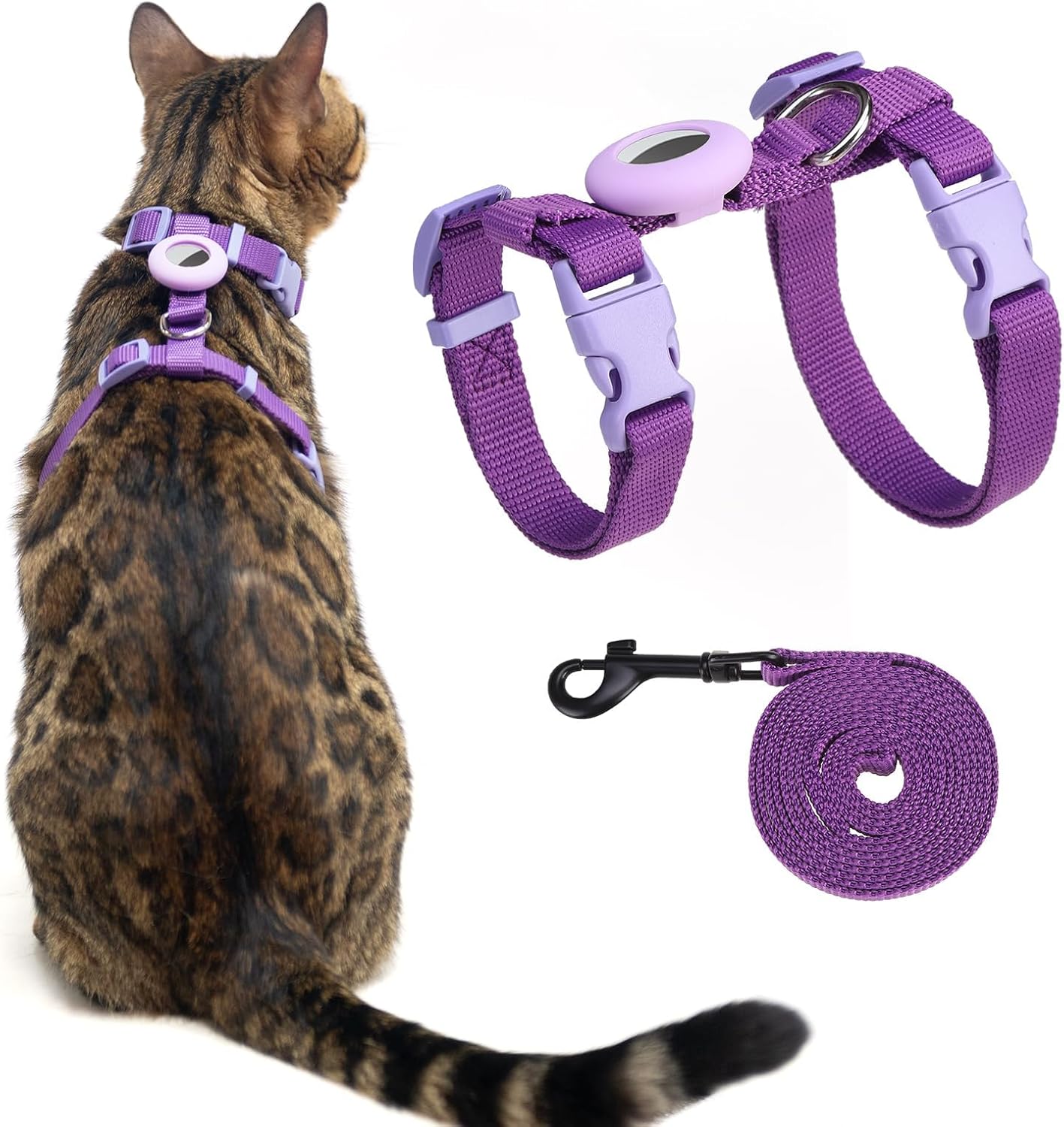 Cat Harness and Leash Set with Airtag Holder for Walking & Travelling, Escape Proof Cat Harness for Small Medium Large Kitten, Adjustable Lightweight Soft Cat Vests (Purple)