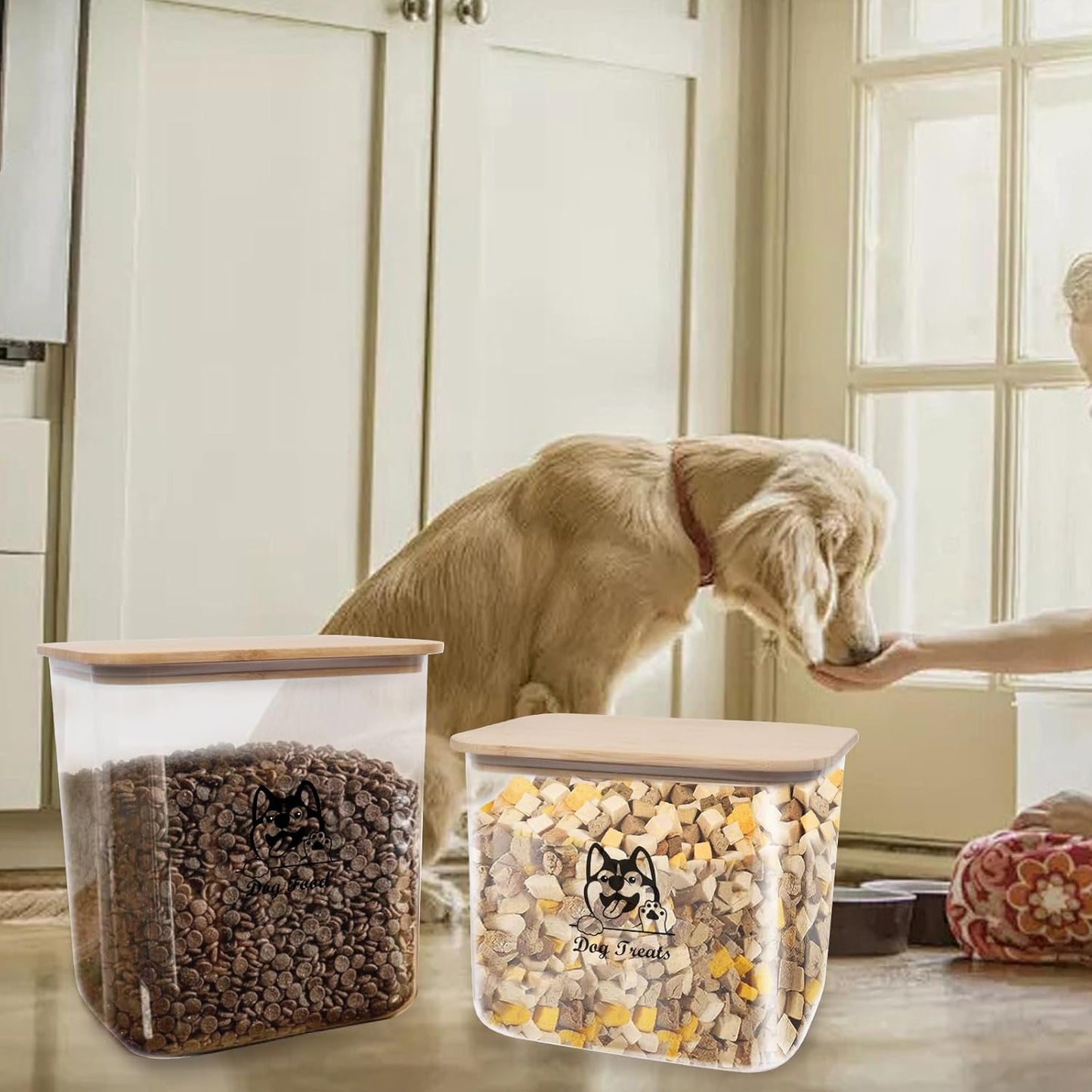 Pet Food Storage Containers, 2Pack Airtight Plastic Dog Cat Food Storage Container with Bamboo Lid,Dog Treat Container Jars Set,Treats Canister for Kitchen or Countertop,BPA Free, Clear