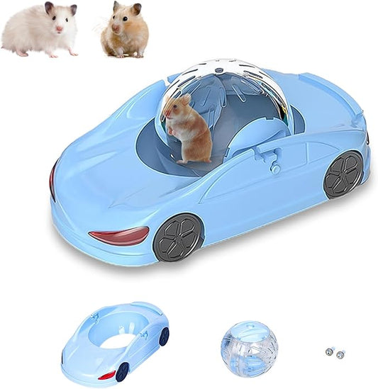 3-in-1 Hamster Car Toy, Silent Dwarf Hamster Running Ball and Exercise Wheel 4.8 Inches, Small Pet Activity Center (Blue)