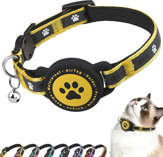Airtag Cat Collar Breakaway, Reflective Cat Collar with AirTag Holder and Bell, Compatible with Apple Air Tag, Comfortable Padding, Adjustable, Durable (Yellow, XS)