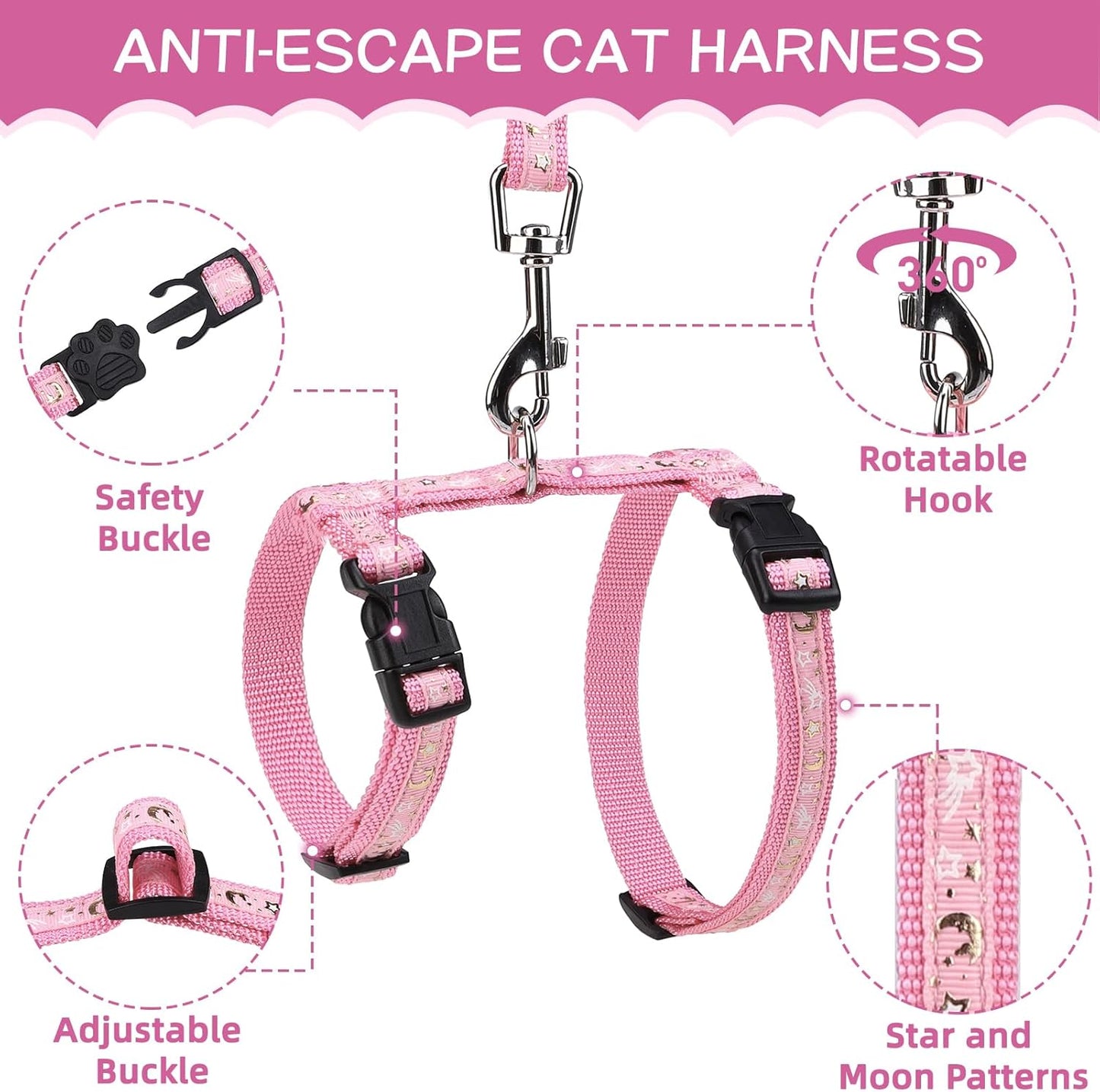 PAWCHIE Cat Harness with Leash and Collar Set - Escape Proof Adjustable H-shped Cat Harness with Star and Moon Pattern Glow in The Dark for Kitty Outdoor Walking, Pink M