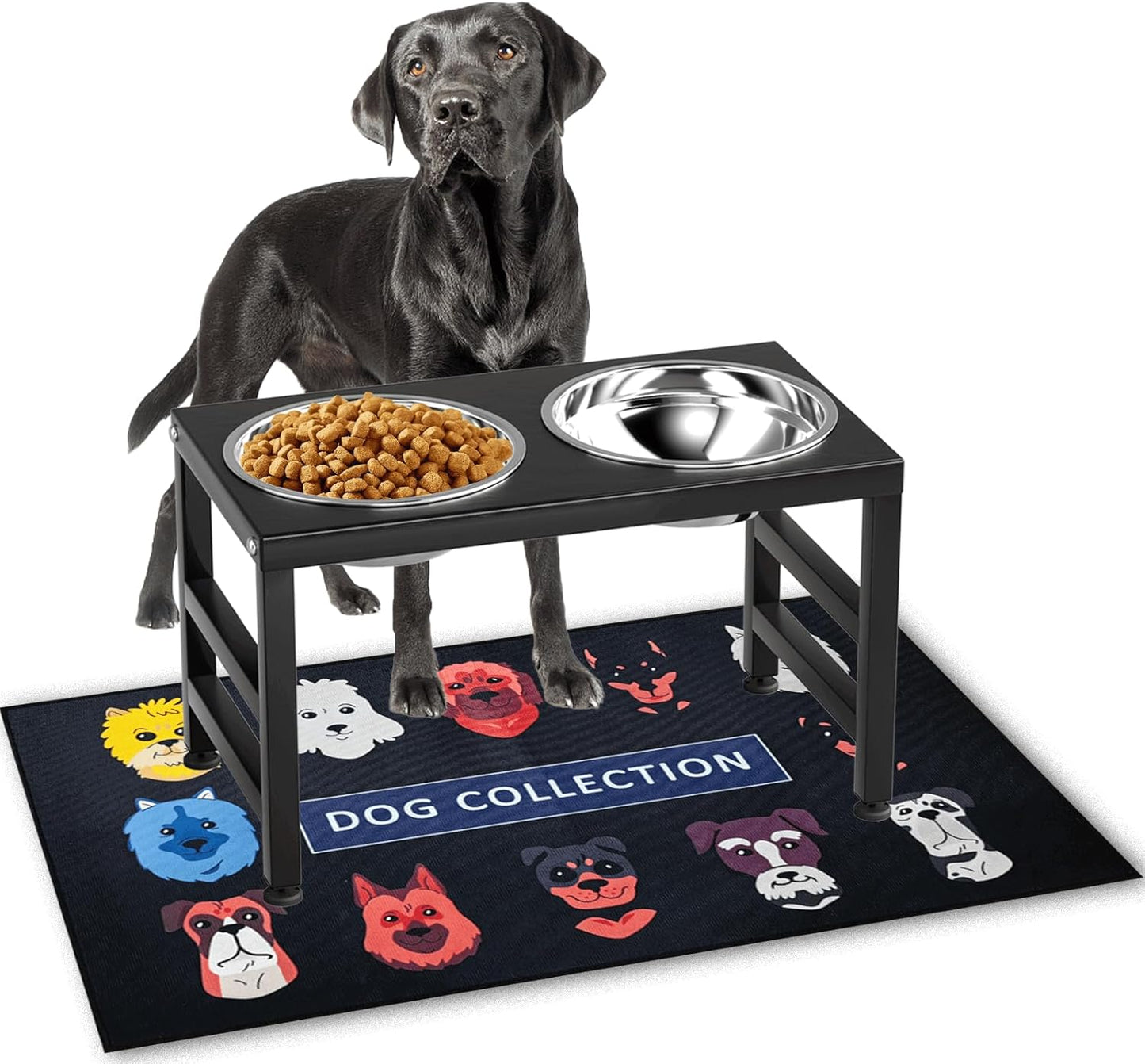 Metal Raised Dog Bowl, 10" Tall Elevate Dog Feeder Stand with 2 Stainless Steel 42oz Bowls & 16x24 Non-Slip Mat – Stronger Dogs Food & Water Bowl Stand (Black)