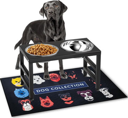 Metal Raised Dog Bowl, 10" Tall Elevate Dog Feeder Stand with 2 Stainless Steel 42oz Bowls & 16x24 Non-Slip Mat – Stronger Dogs Food & Water Bowl Stand (Black)